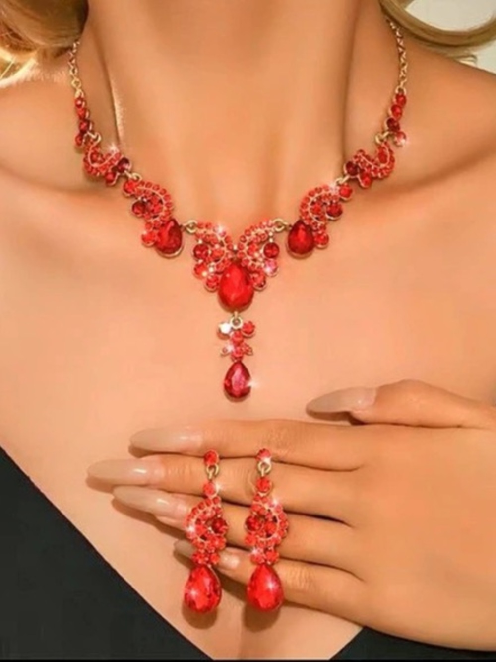New Red Statement Necklace & Earrings